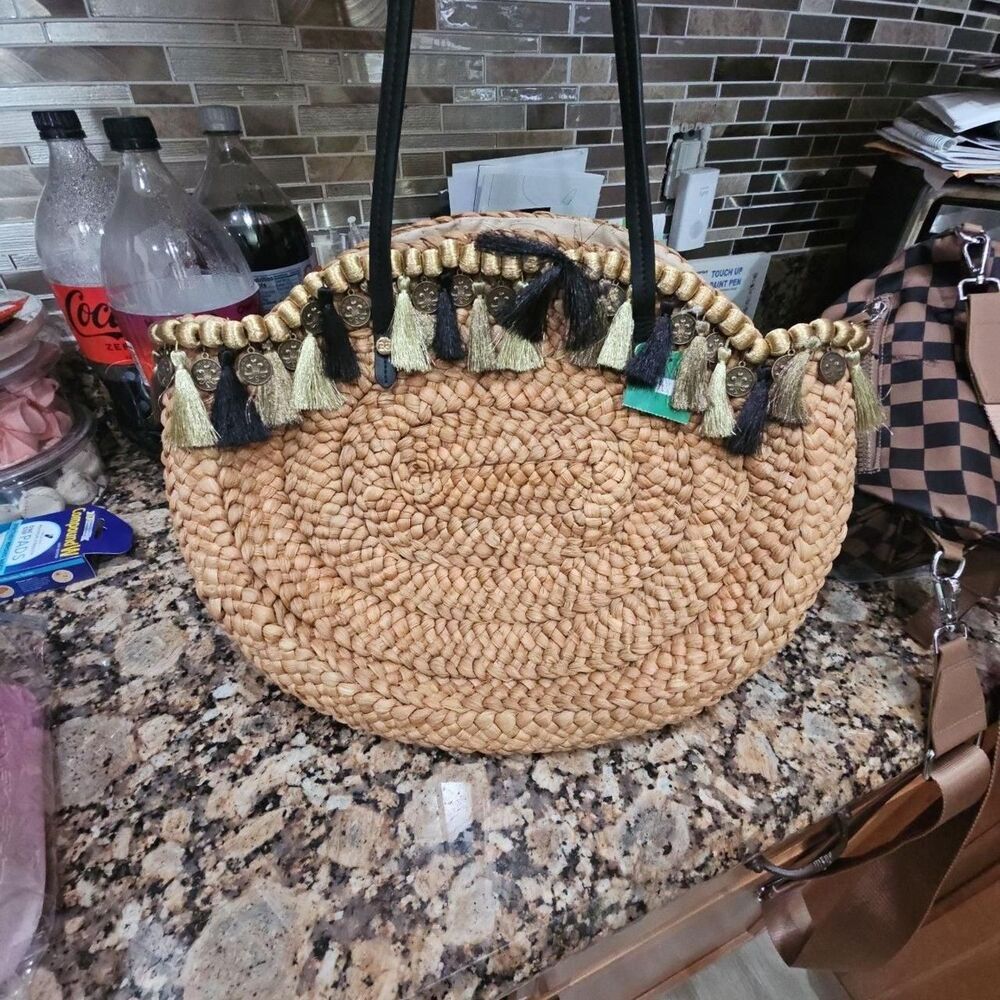 Sam Edelman Round Woven Straw Tote Bag with Decorative Tassels and Coin Accents